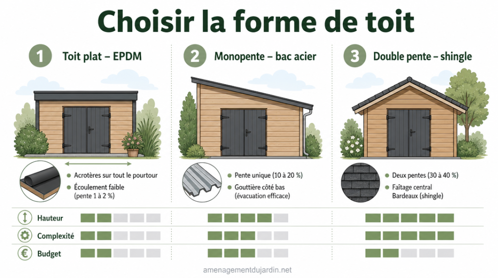 Comparatif visuel des trois formes de toiture d’un abri