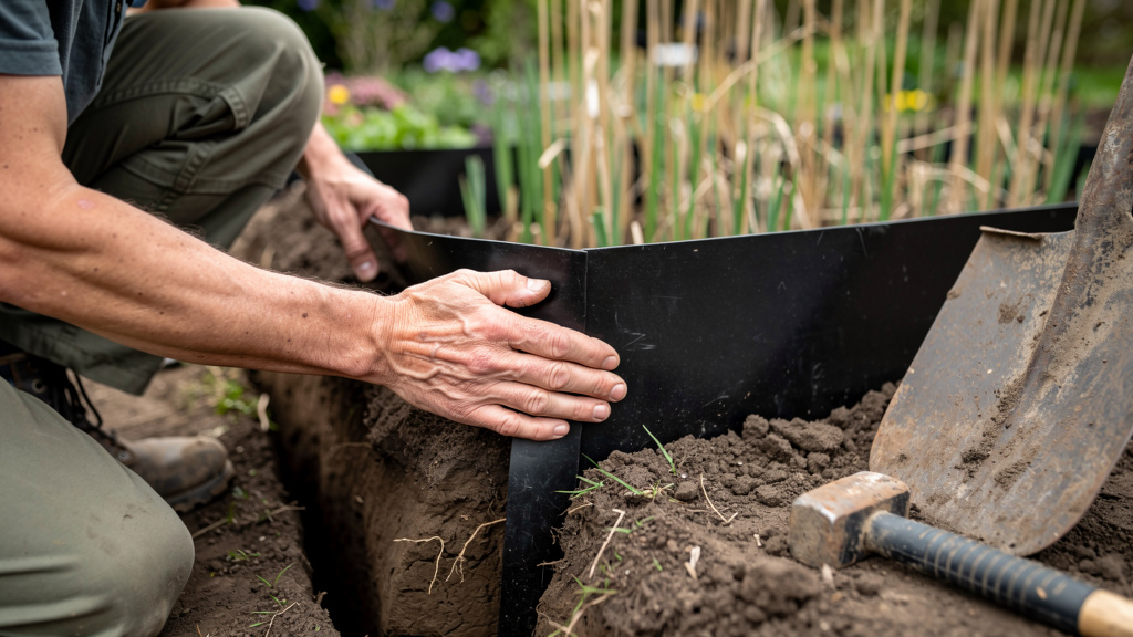 Mains posant une barrière anti-rhizomes dans une tranchée
