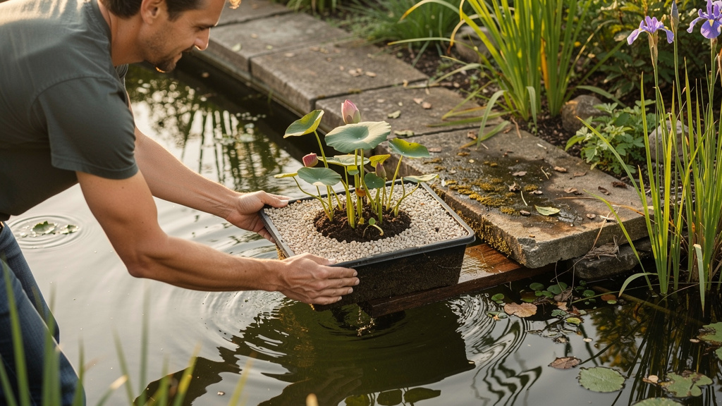 Panier de lotus posé sur une zone peu profonde du bassin