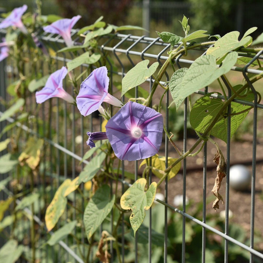 Fleurs en trompette violettes d’ipomée sur grillage ensoleillé
