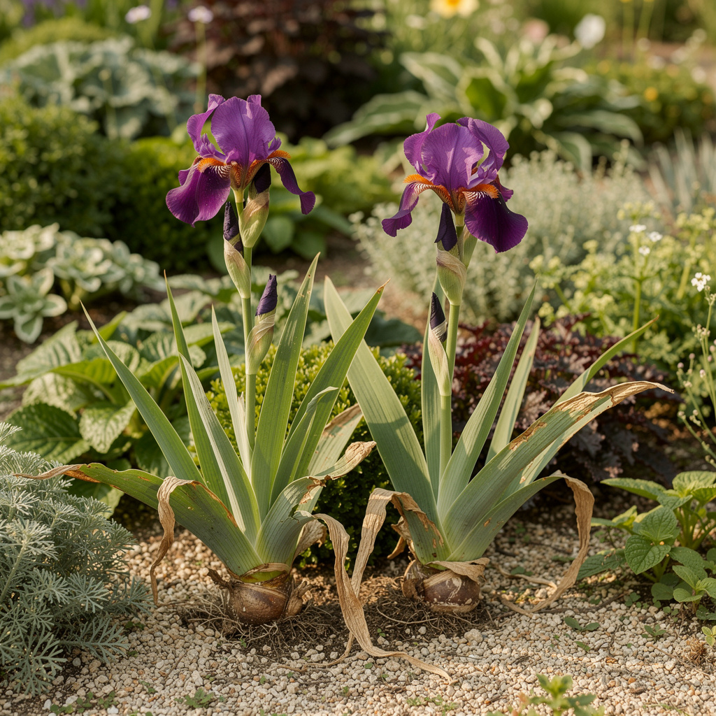 Iris des jardins violets, rhizomes visibles en bordure