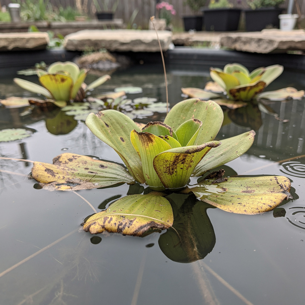 Feuilles épaisses jaunies sur une rosette en eau fraîche
