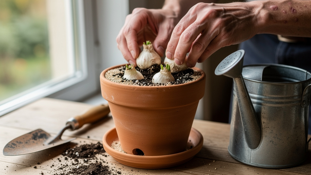 Bulbes de jacinthe mis en pot dans un mélange drainant