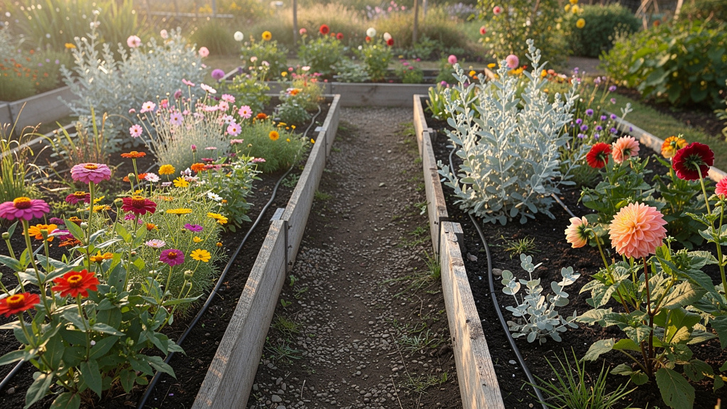 Jardin bouquetier estival avec allées et massifs fleuris
