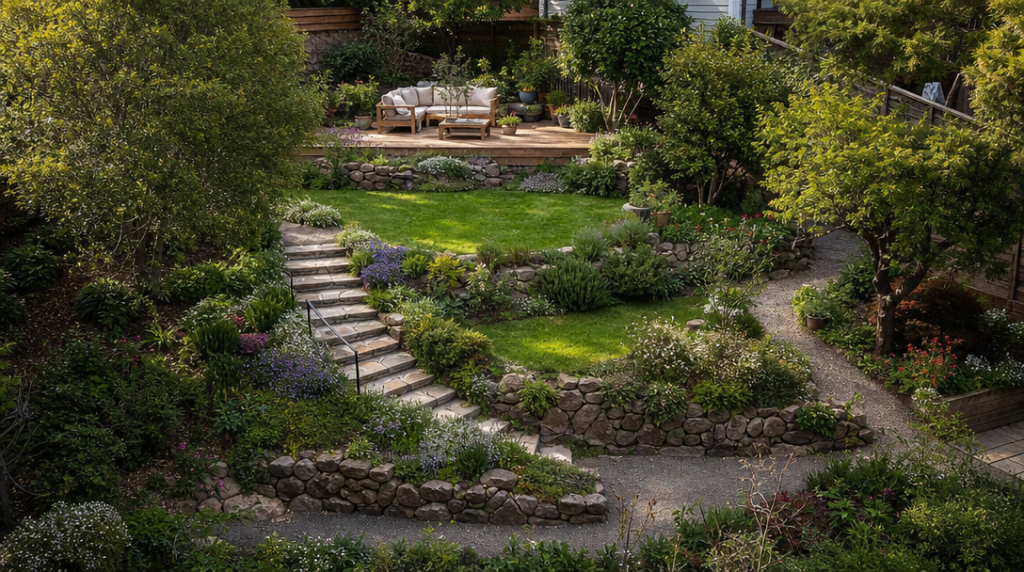 Vue d’ensemble d’un jardin en pente avec terrasses et escaliers
