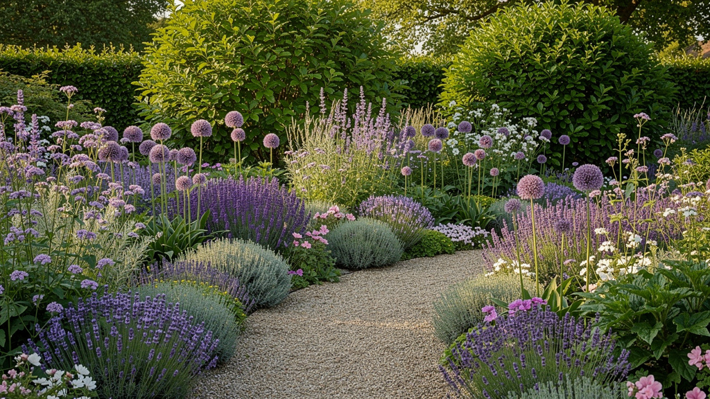 Massif de vivaces violettes avec alliums, sauges et lavandes