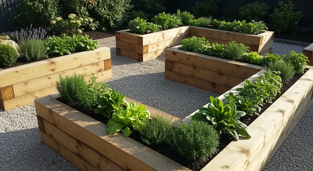 Jardinières en poutres de différentes hauteurs finement aménagées