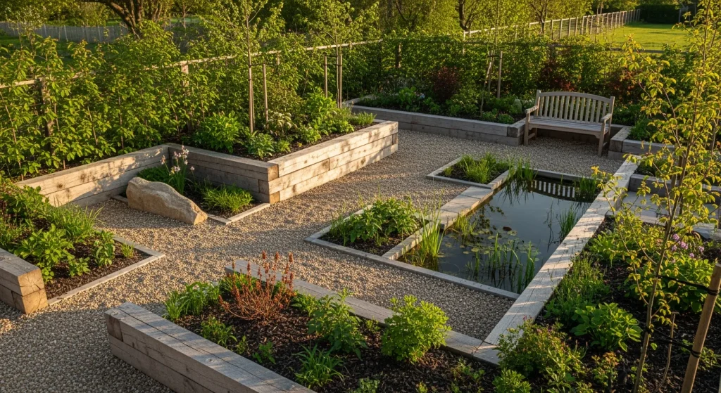 Vue d’ensemble d’un jardin en poutres, bordures et bassin