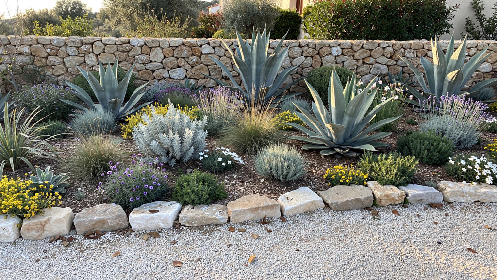 Jardin sec avec agaves, paillage de graviers et mur au sud