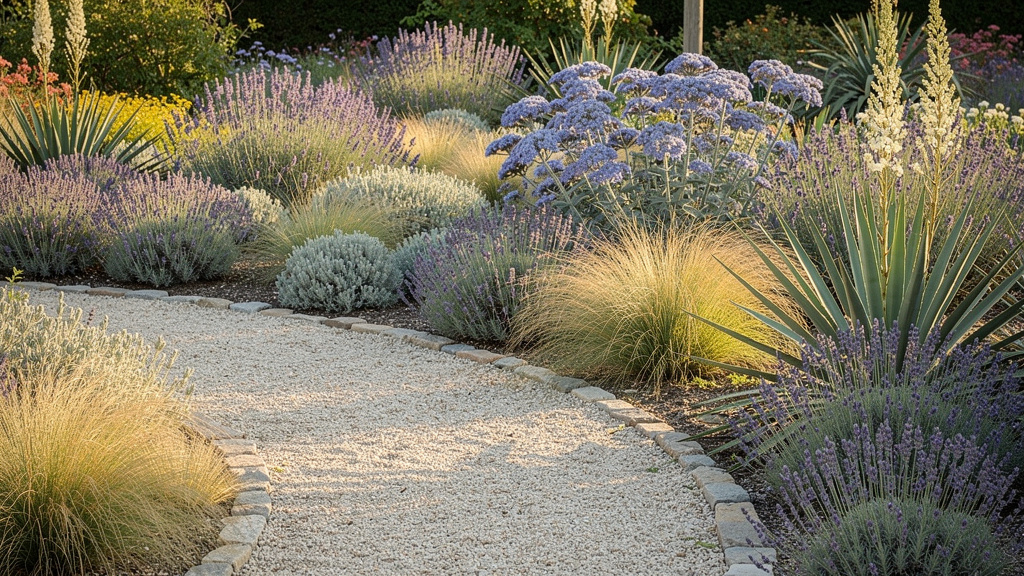Massif sec avec lavande, pérovskia, stipa et yucca en été