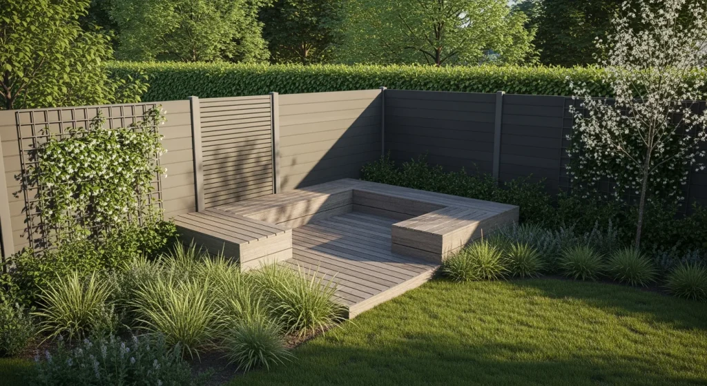 Petit jardin urbain avec palissade composite et treillis végétalisé