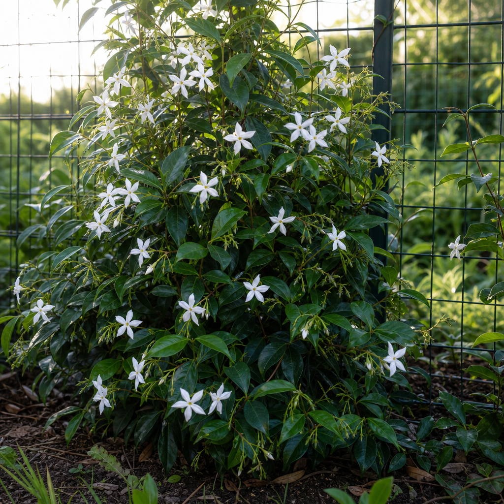 Jasmin étoilé fleuri couvrant un grillage de jardin