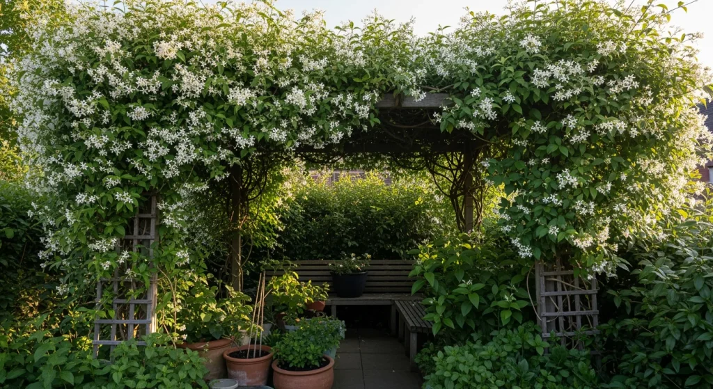 Pergola de terrasse couverte de jasmin étoilé en fleurs blanches