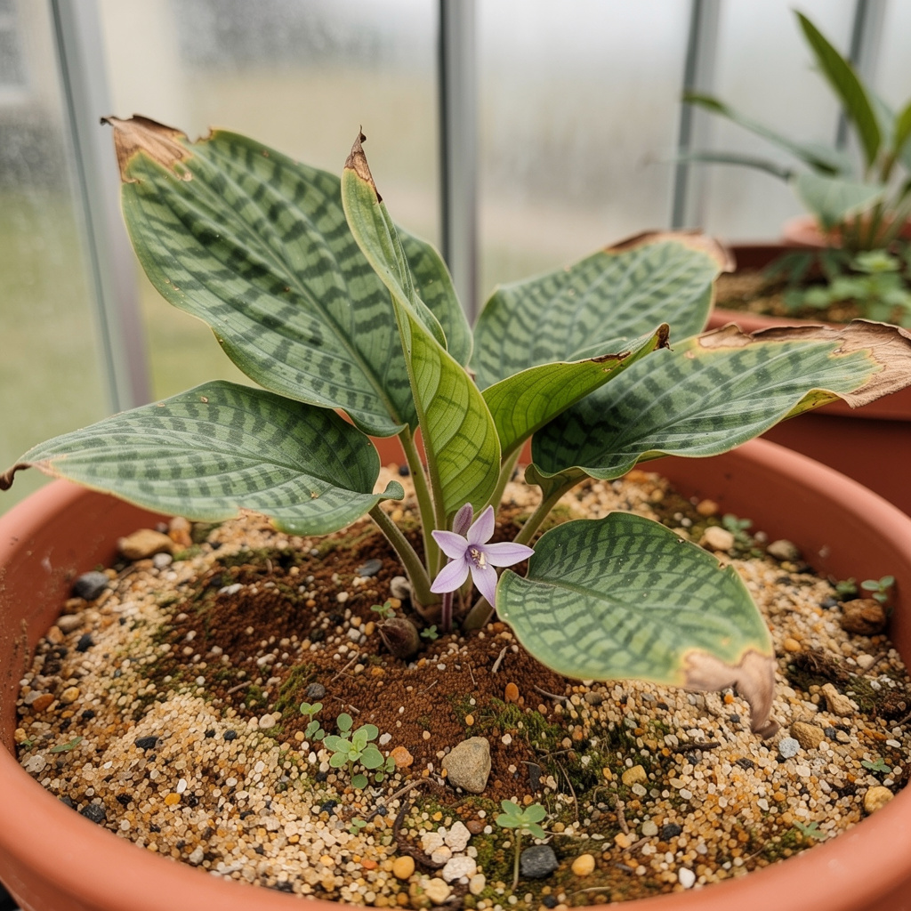Feuilles décoratives de Kaempferia avec petite fleur mauve en pot