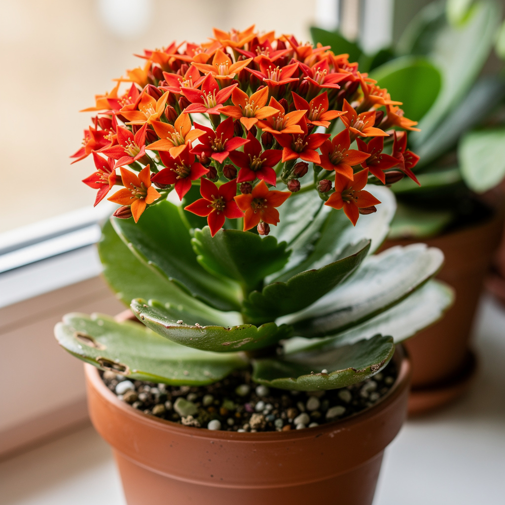 Bouquets serrés de Kalanchoë rouge orangé sur feuillage épais
