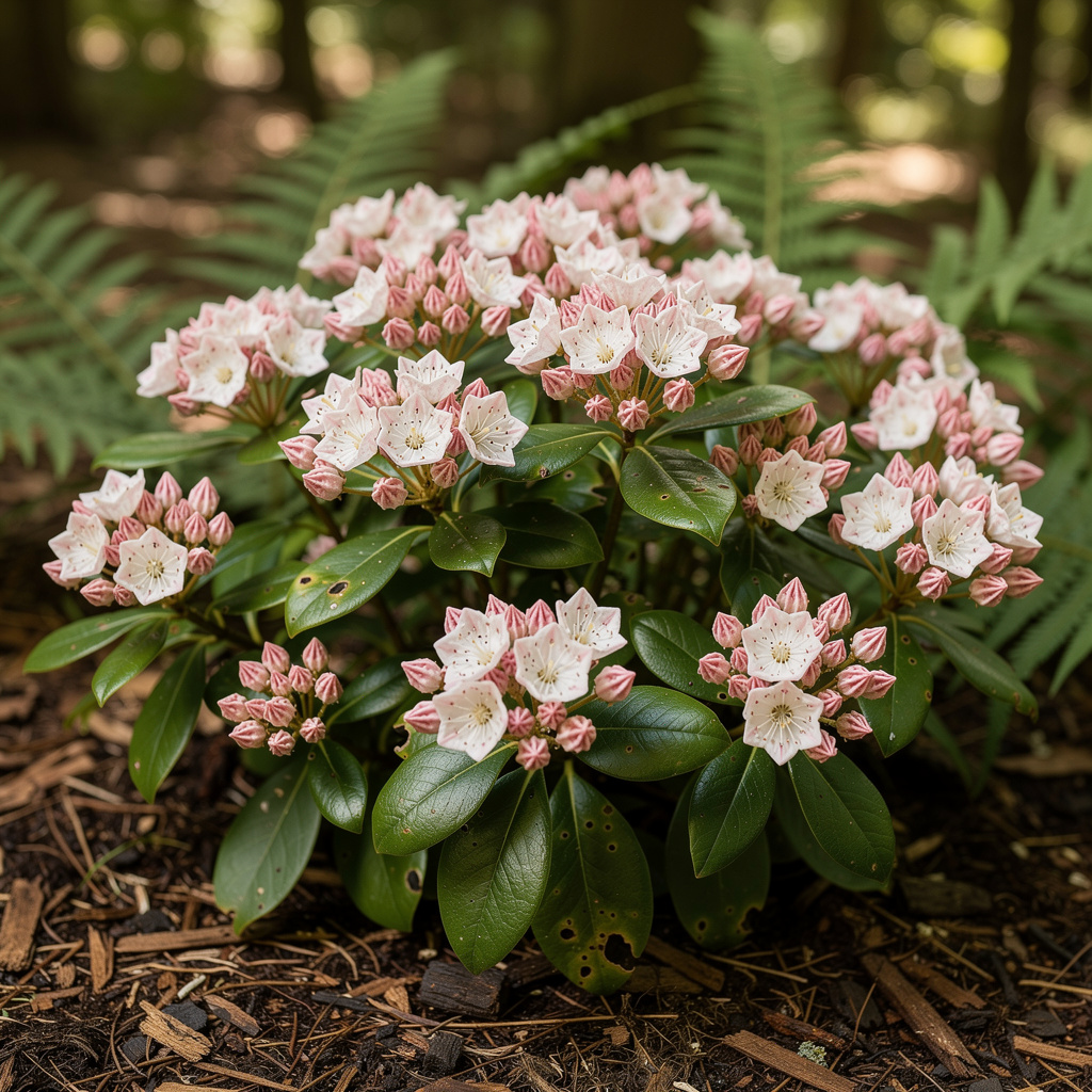 Boutons étoilés et fleurs du Kalmia sur feuillage lustré