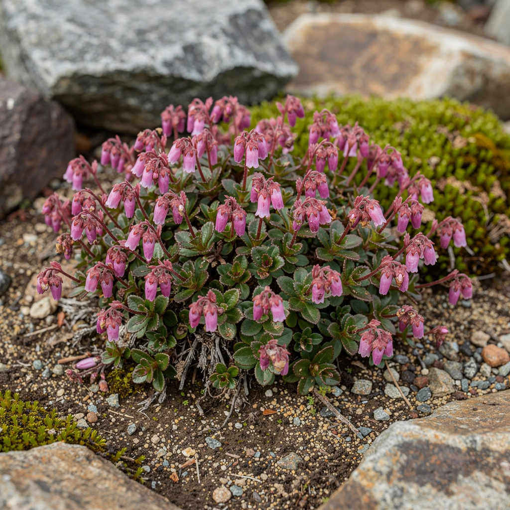 Touffe de Kalmiopsis couverte de petites fleurs magenta en rocaille
