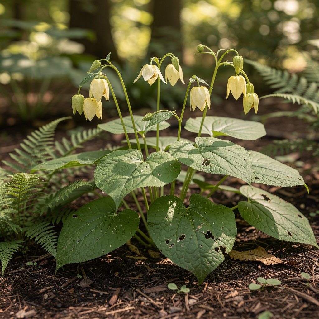 Clochettes jaune pâle de Kirengeshoma sur feuillage palmé en sous-bois
