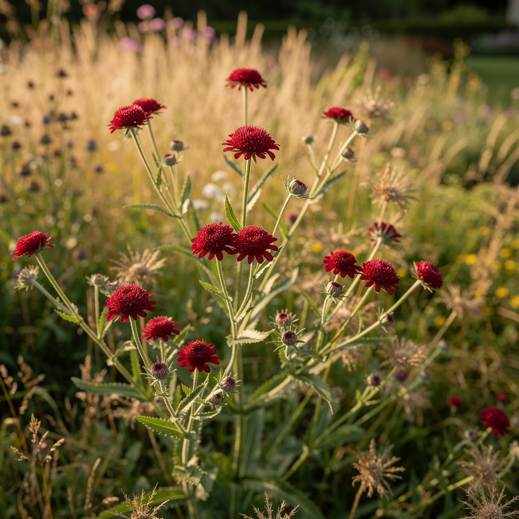 Fleurs cramoisies légères de Knautia sur tiges fines en été