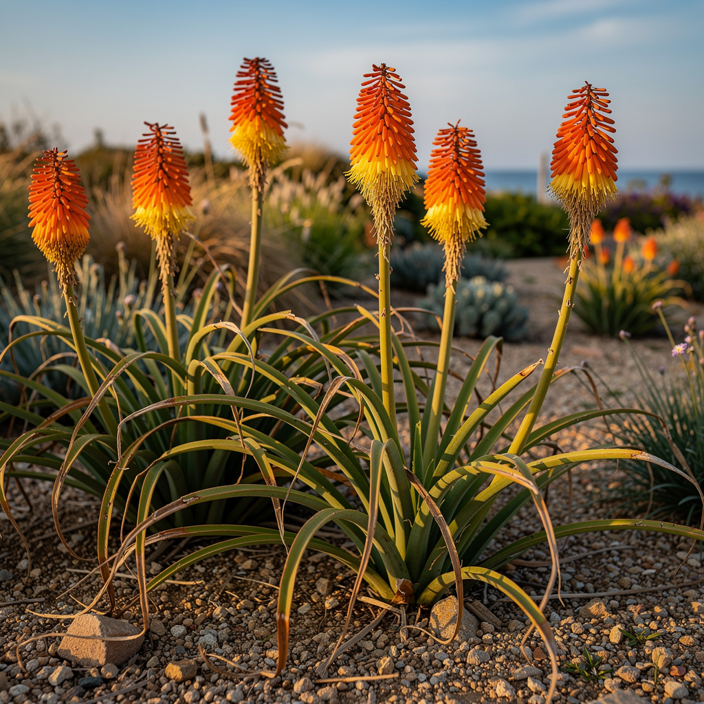 Épis flamboyants de kniphofia sous plein soleil