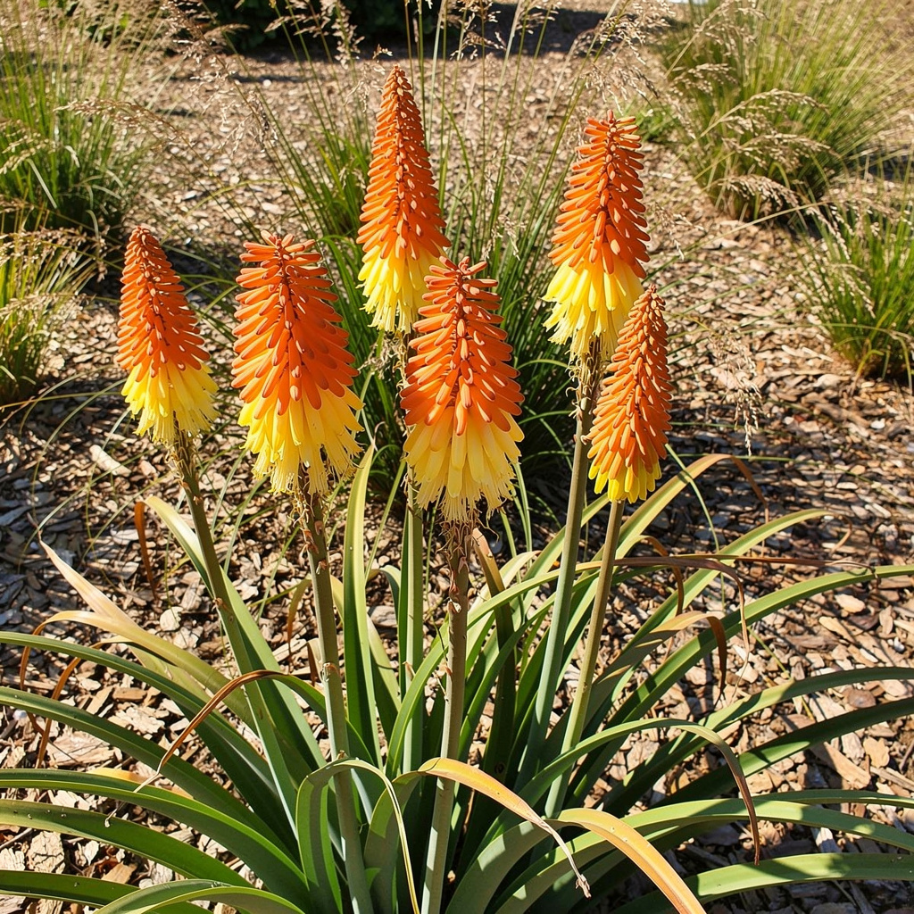 Épis bicolores de Kniphofia au-dessus d’un feuillage rubané