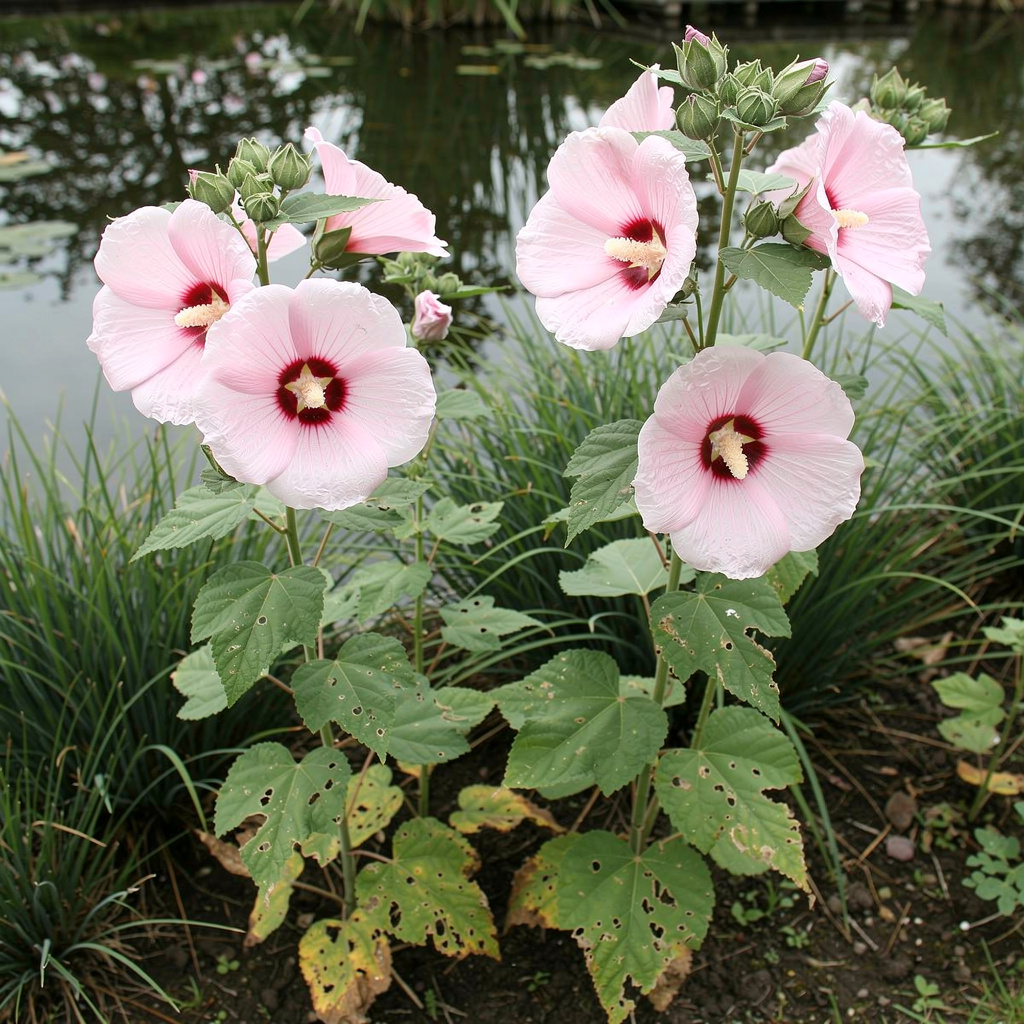 Grandes fleurs rose pâle de Kosteletzkya au bord d’une zone humide