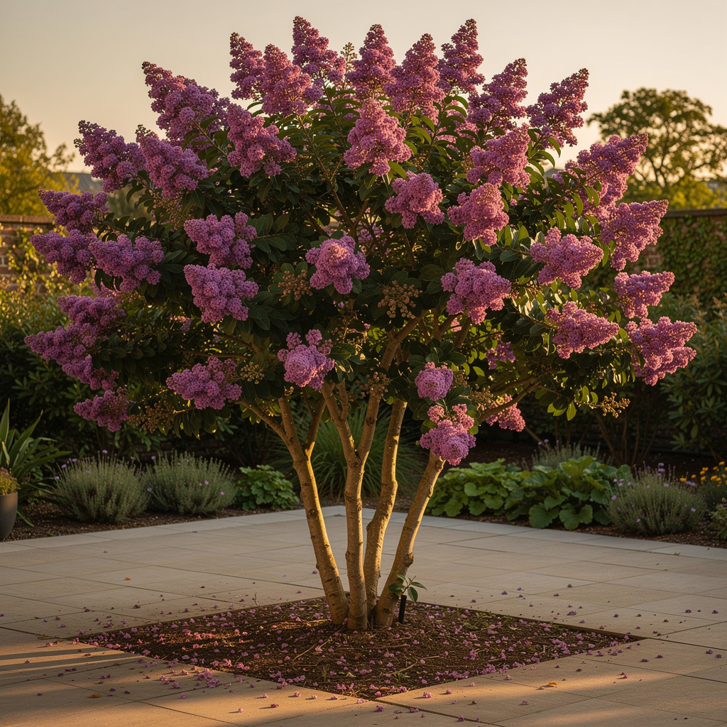 Lilas des Indes aux panicules violettes et écorce décorative