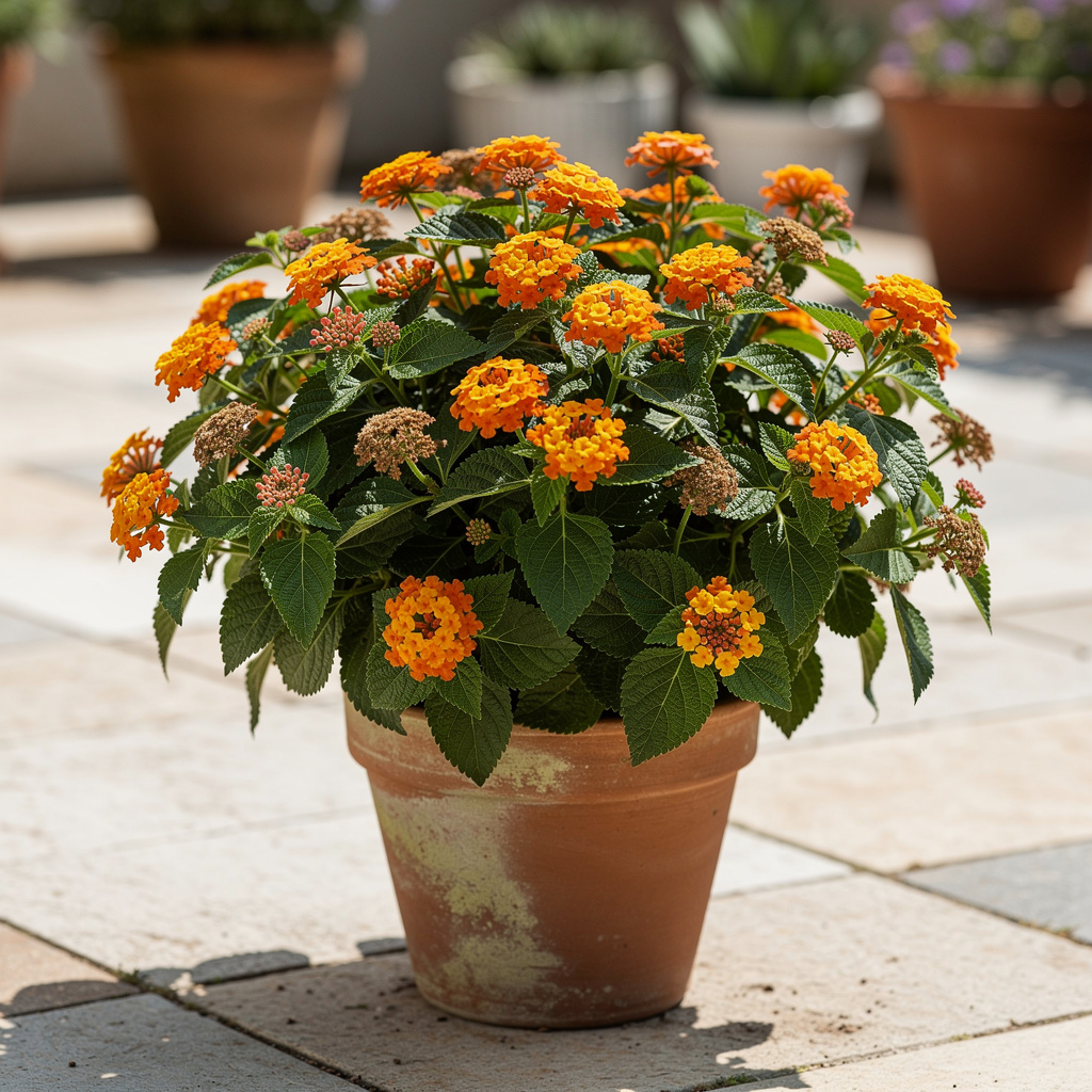 Pompons orange de lantana en pot sur terrasse