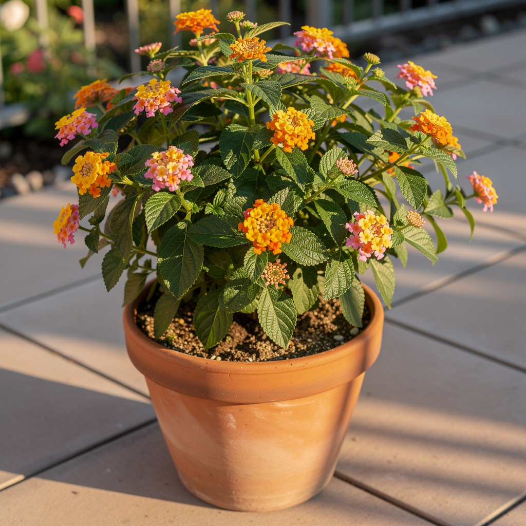 Boules de fleurs de lantana multicolores en pot