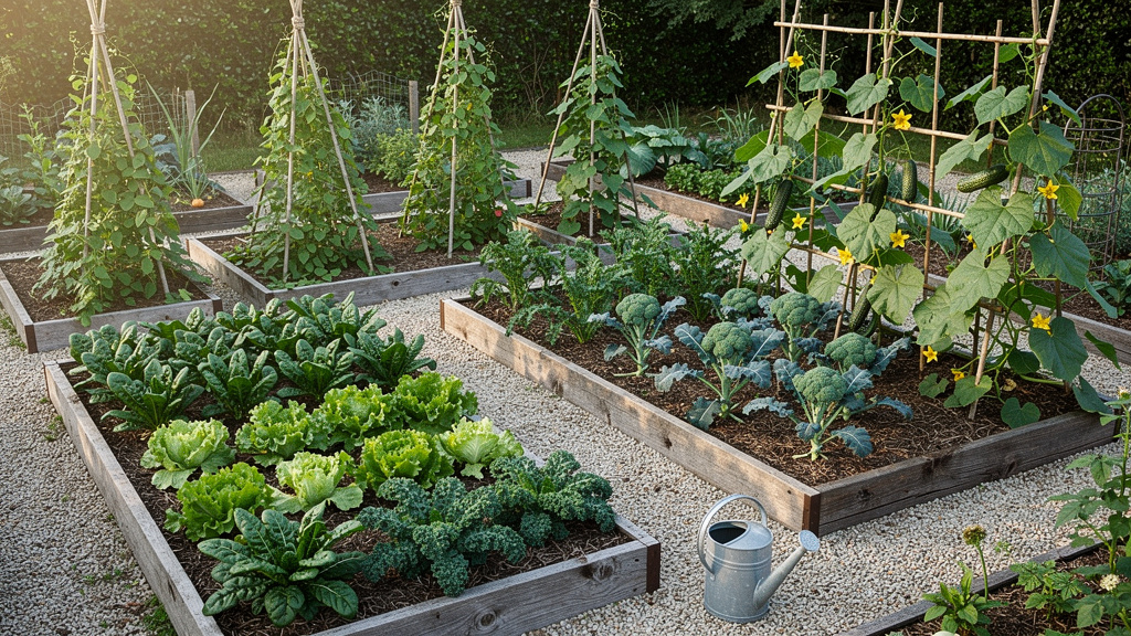 Vue d’ensemble d’un potager en carrés foisonnant