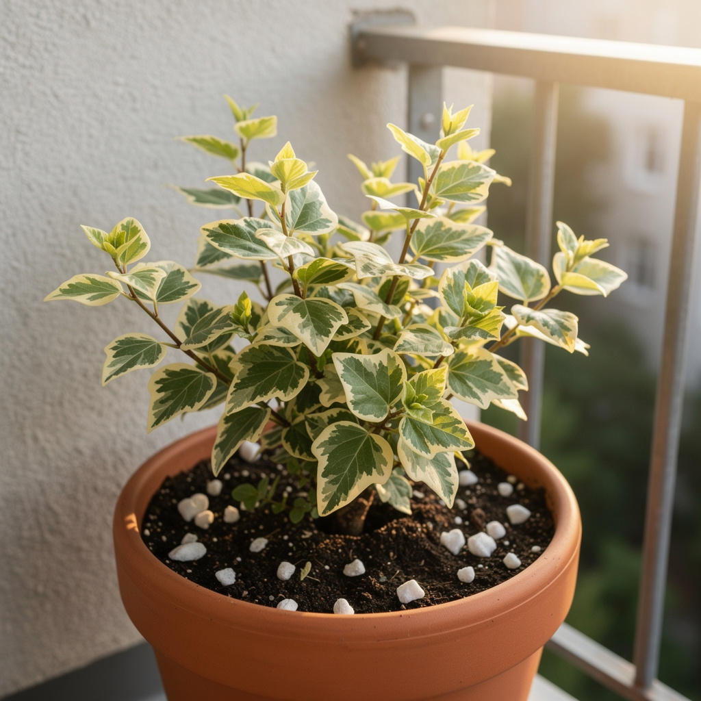 Lierre panaché en pot terracotta sur balcon abrité