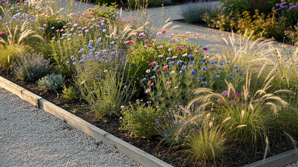 Mélange de lin, nigelles, cosmos et graminées en bordure ensoleillée