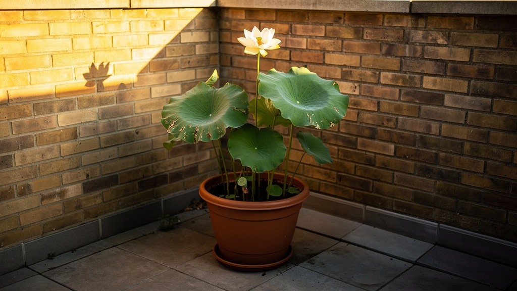 Pot de lotus en plein soleil contre un mur chaud