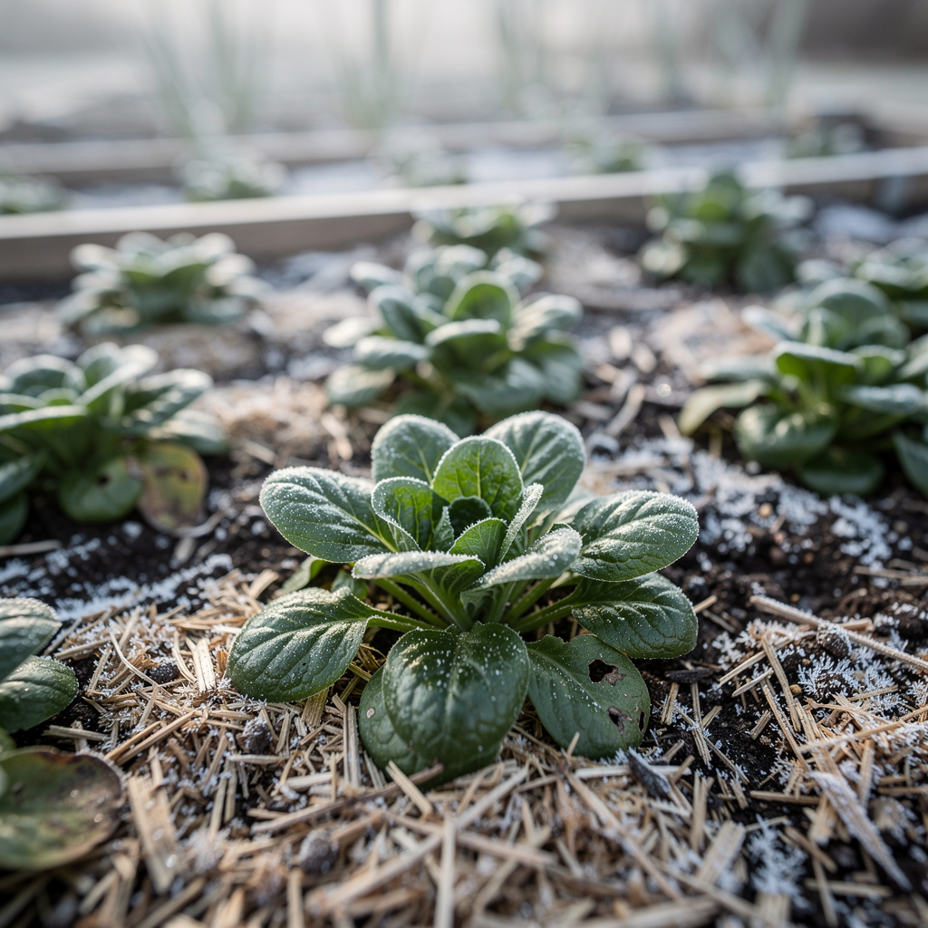 Rosettes de mâche verte serrées sur sol légèrement givré