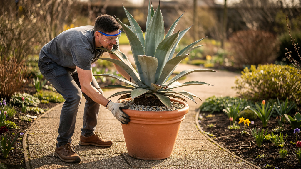 Jardinier déplaçant un grand agave en pot avec gants et lunettes