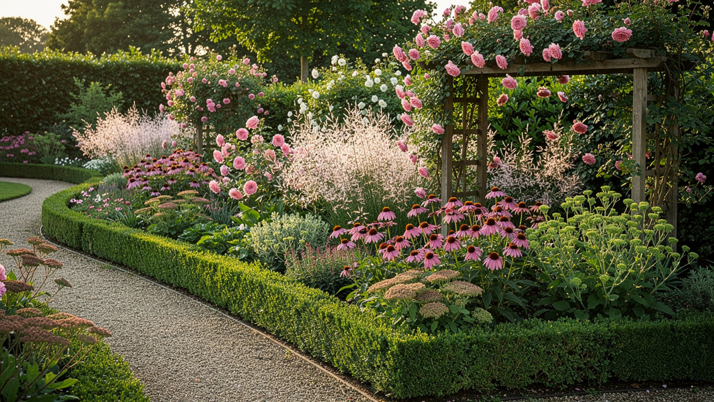 Massif d’été mêlant rosiers, gaura, échinacées et sedums le long d’une allée