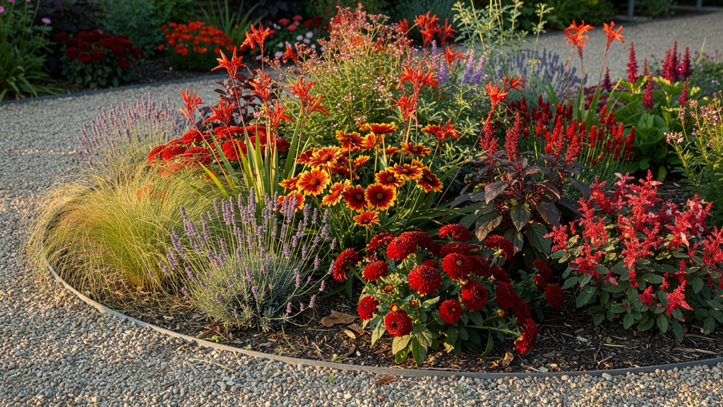 Massif estival mêlant fleurs rouges, lavandes et graminées