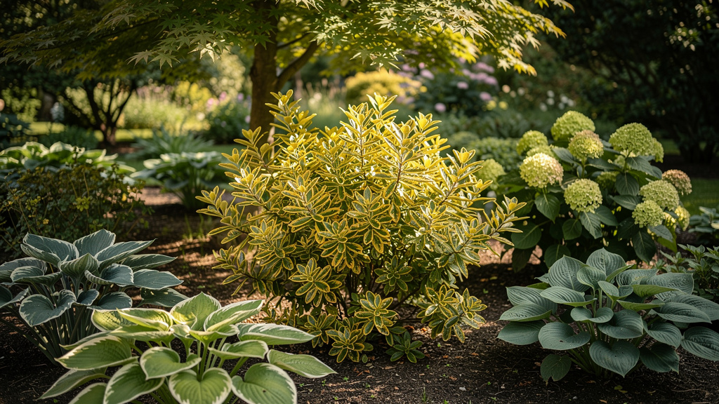 Euonymus Marieke doré en compagnie d’hostas et d’hortensias