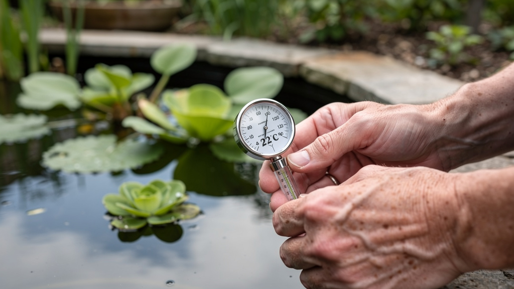 Mains lisant 22&nbsp;°C sur un thermomètre flottant au bord d’un bassin