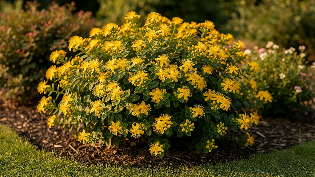 Millepertuis arbustif dense avec fleurs jaunes vives