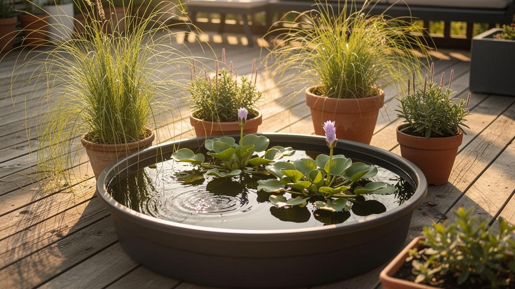 Grand bac rond sur terrasse avec plusieurs rosettes flottantes