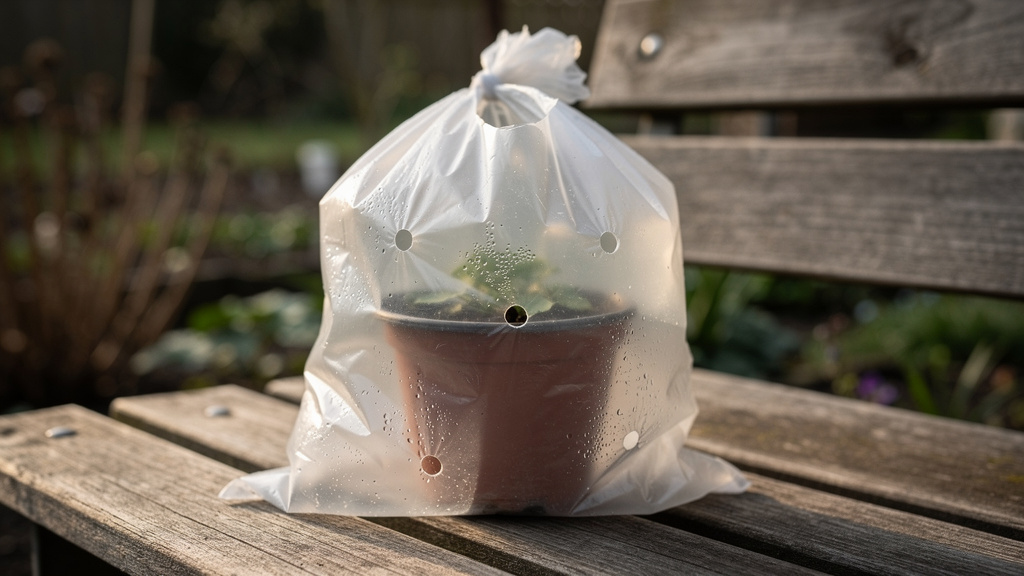 Pot couvert d’un sac percé avec légère condensation