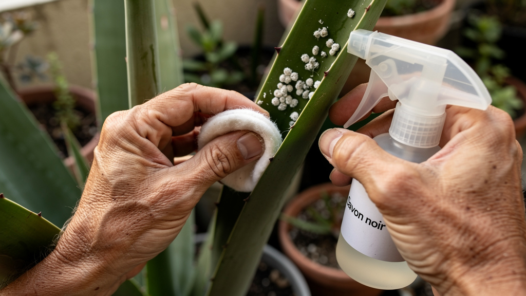 Nettoyage des cochenilles farineuses dans l’aisselle d’une feuille d’agave