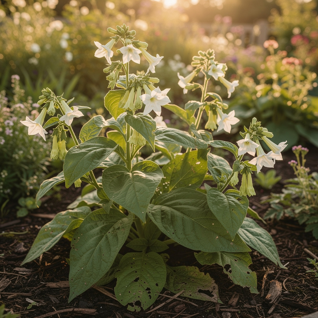 Nicotiana alata aux fleurs étoilées blanches au crépuscule