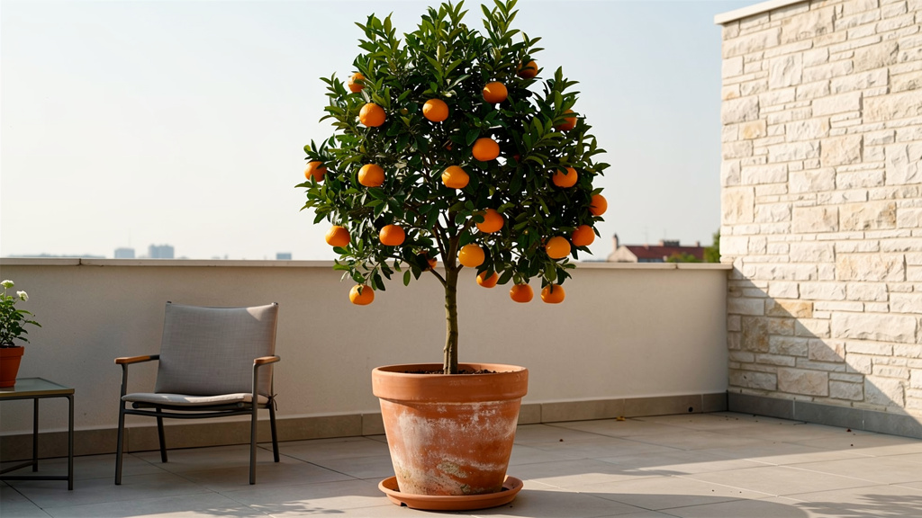 Oranger nain en pot sur terrasse ensoleillée avec fruits