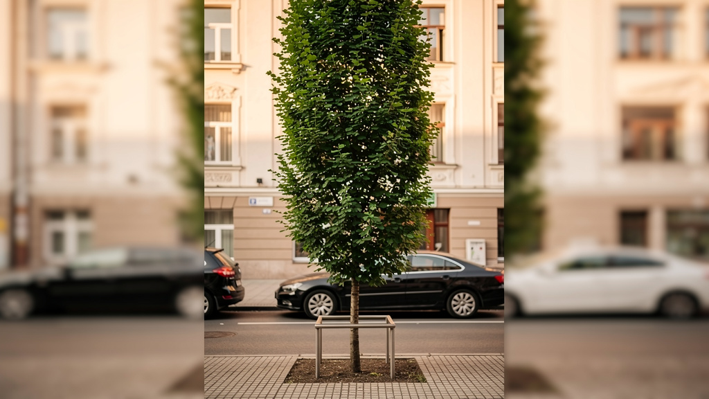 Orme colonnaire au feuillage dense en rue passante