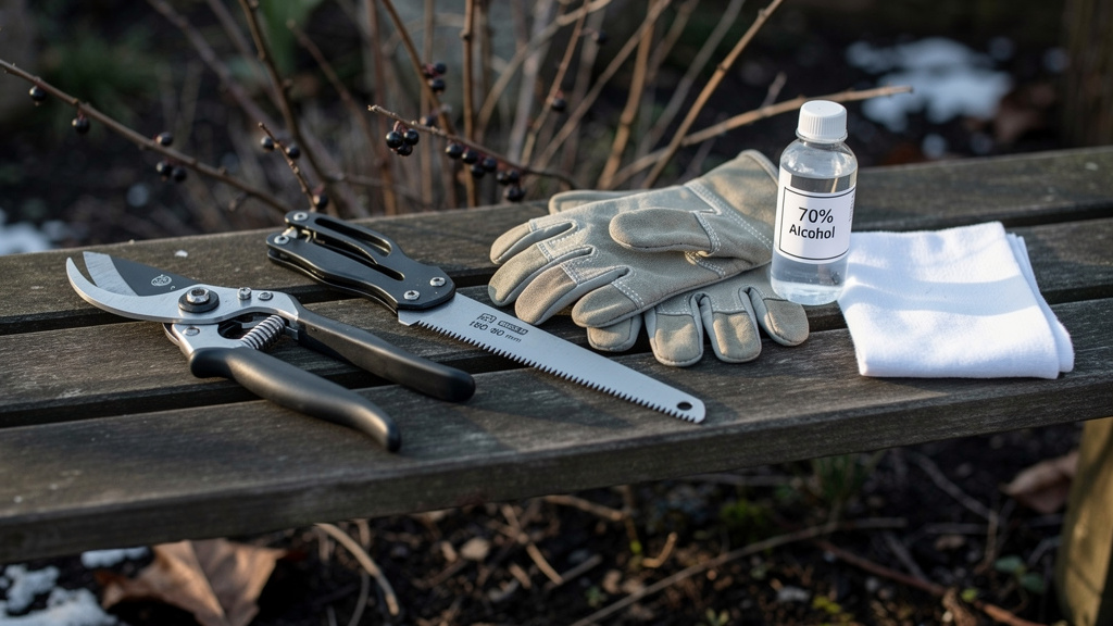 Sécateur, scie pliante, gants et alcool alignés sur un banc