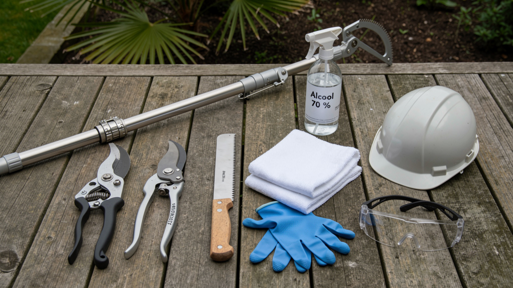 Outils de taille et protections disposés sur une terrasse