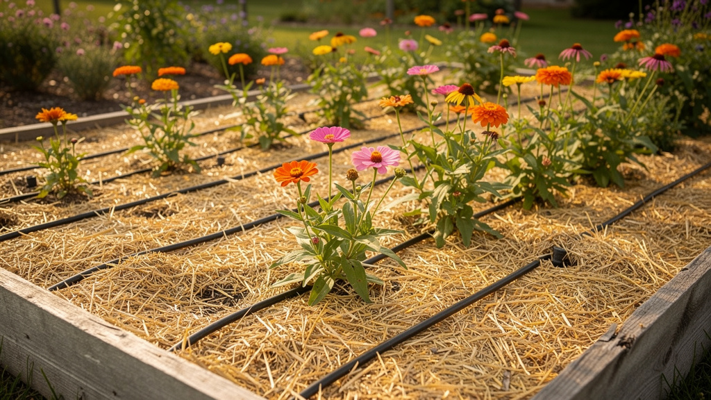 Massif paillé avec goutte-à-goutte et abeilles en butinage