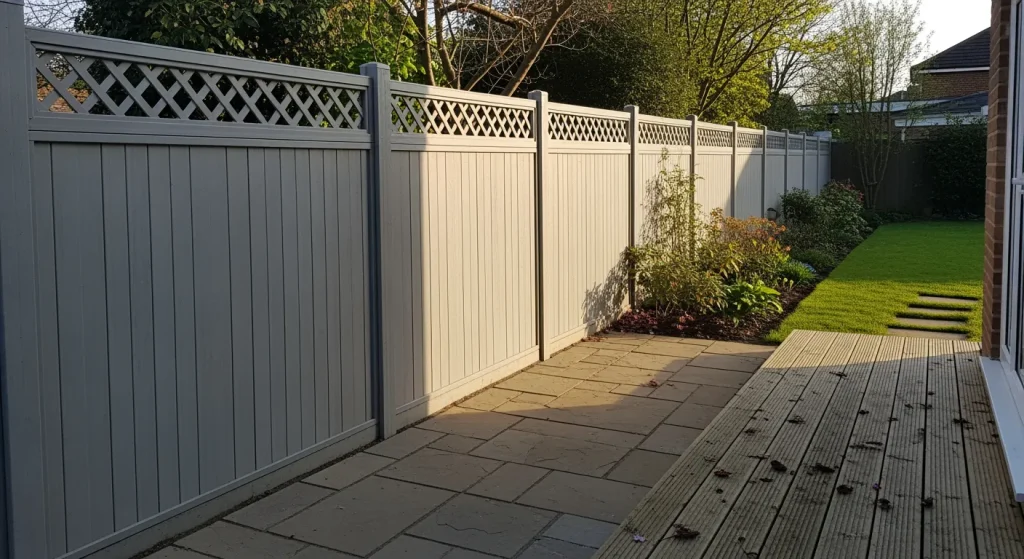 Palissade composite de 1,8 m avec claustra ajouré près d’une terrasse